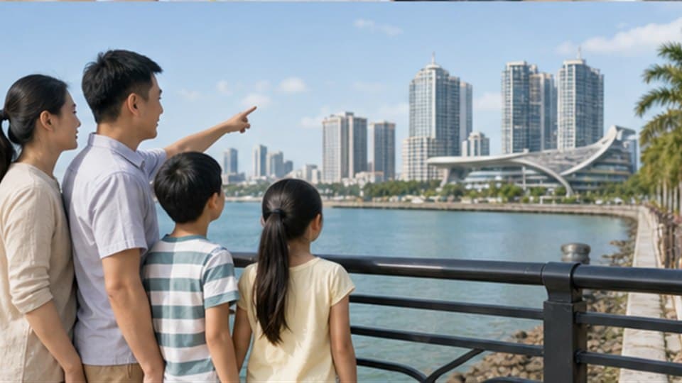 一家人在海口滨水城市界面前讨论片区和小区选择