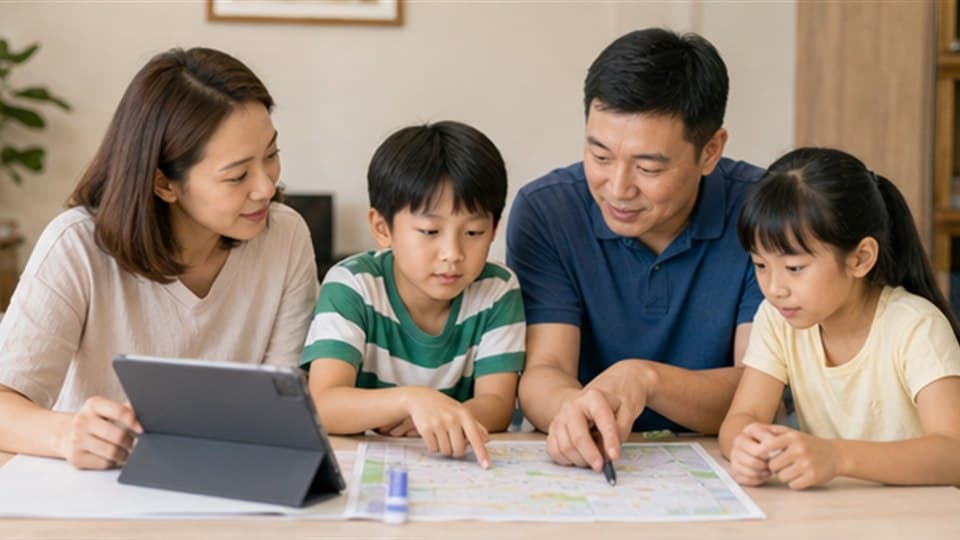 双孩家庭在家中对照地图和材料规划海口小学初中路径