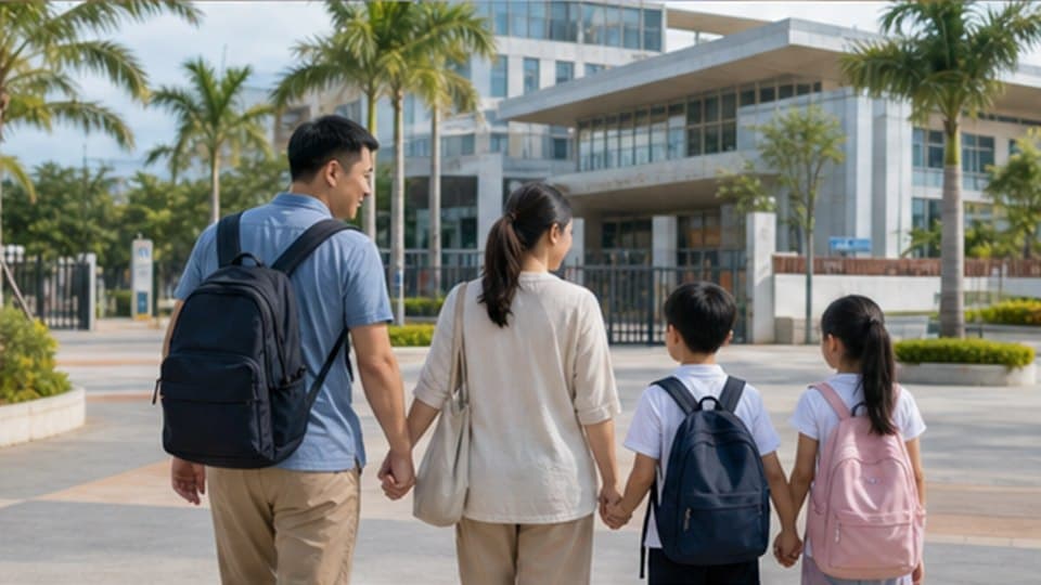 家长带孩子在海口学校周边查看环境并复盘片区选择