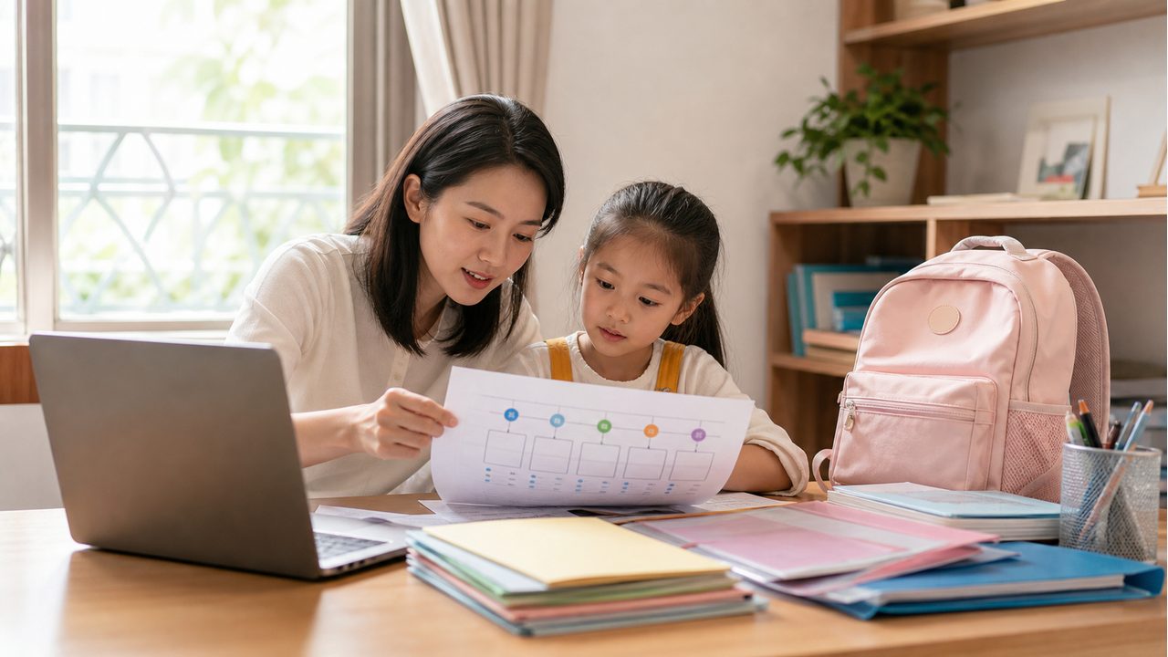 家长和孩子整理海口入学报名材料