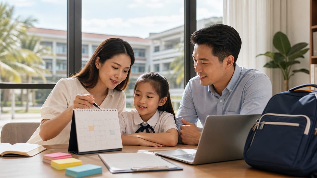 家长和孩子查看入学时间表